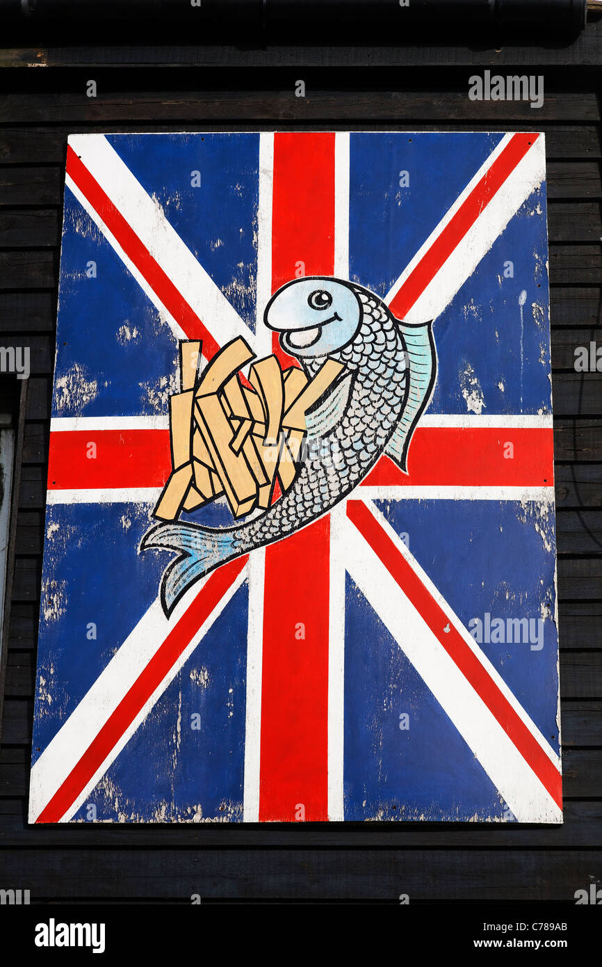 Fish and Chips sign in Hastings, East Sussex, Angleterre Banque D'Images