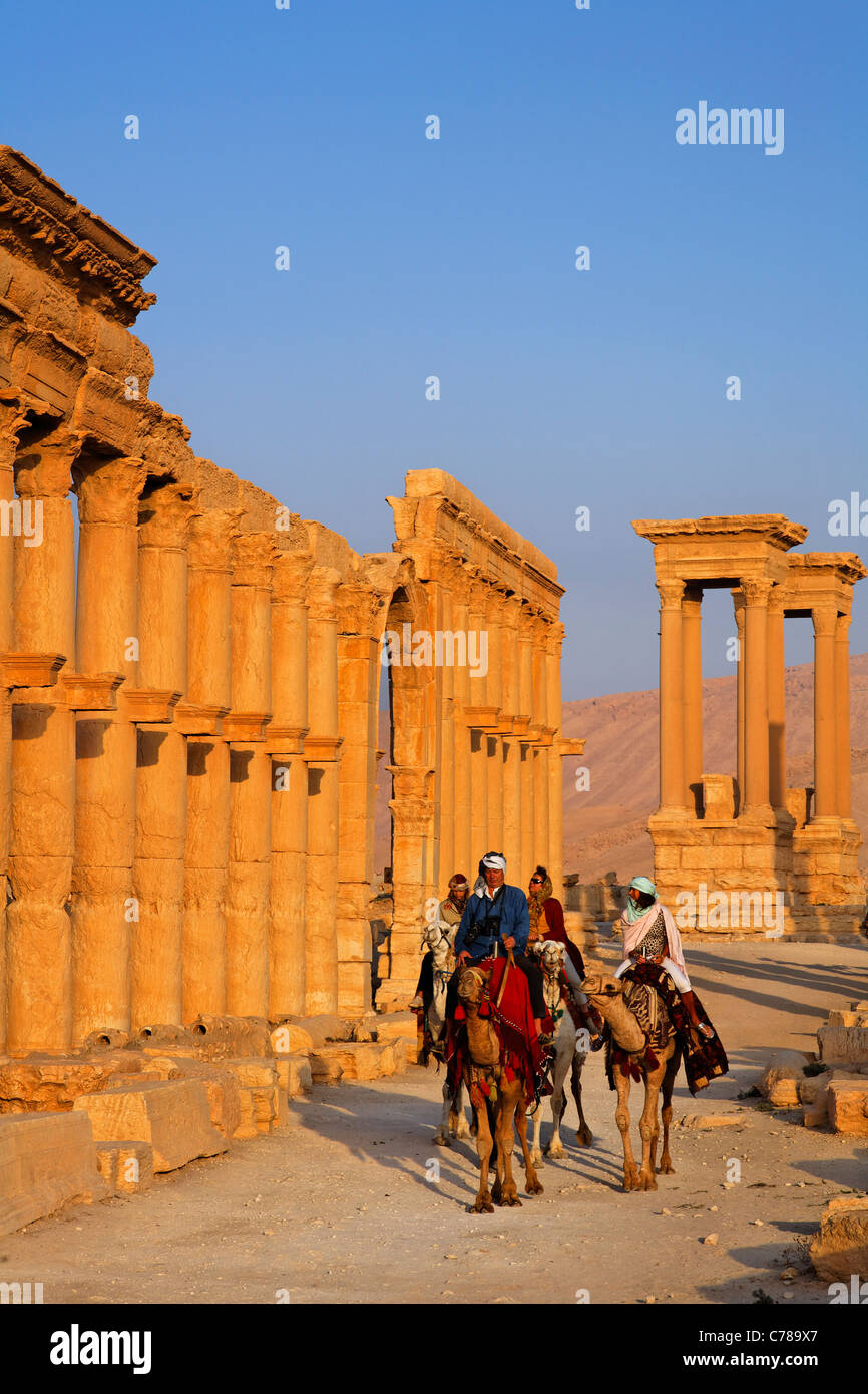 Les touristes chameaux le long de la rue à colonnades, Palmyre, Syrie Banque D'Images