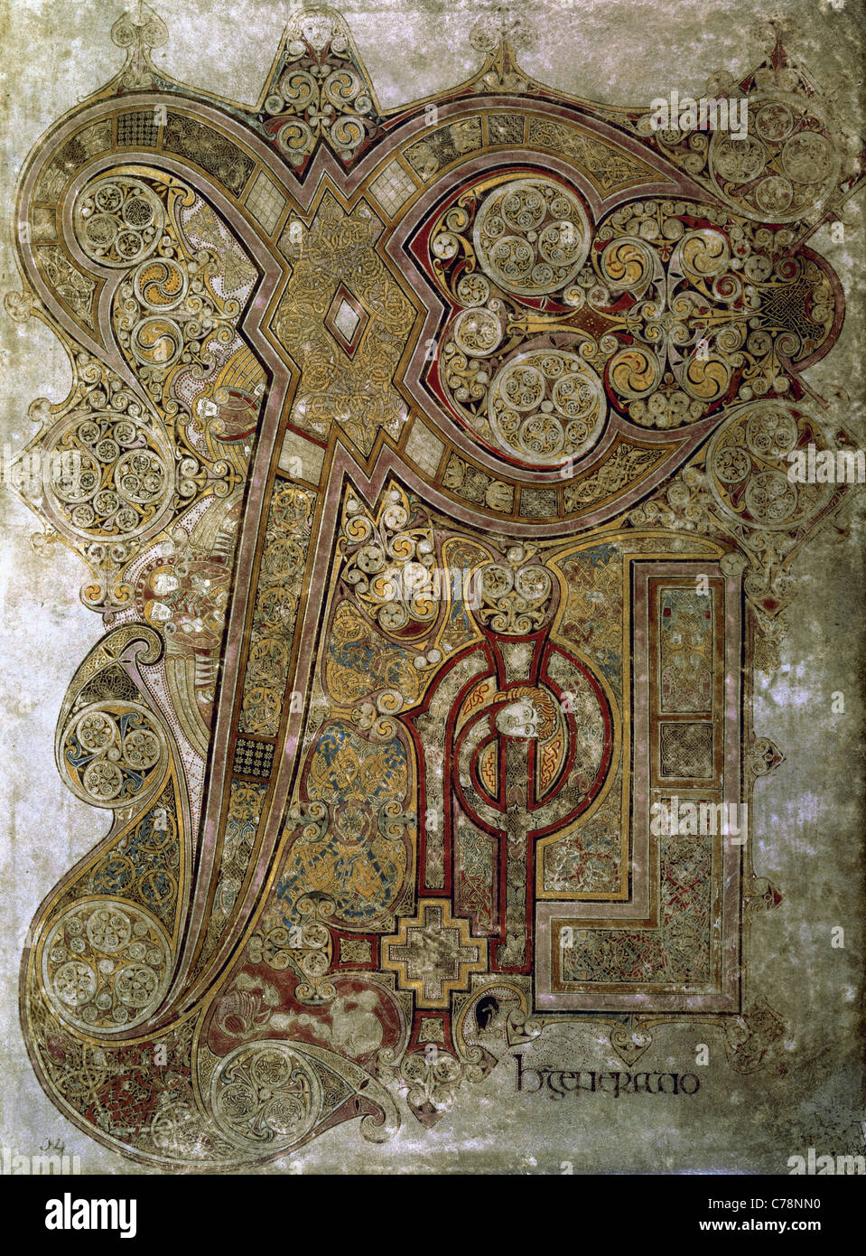 Le Livre de Kells. Chi Rho monogramme. Folio 34r. 8e siècle. Trinity College Library. Dublin. L'Irlande. Banque D'Images