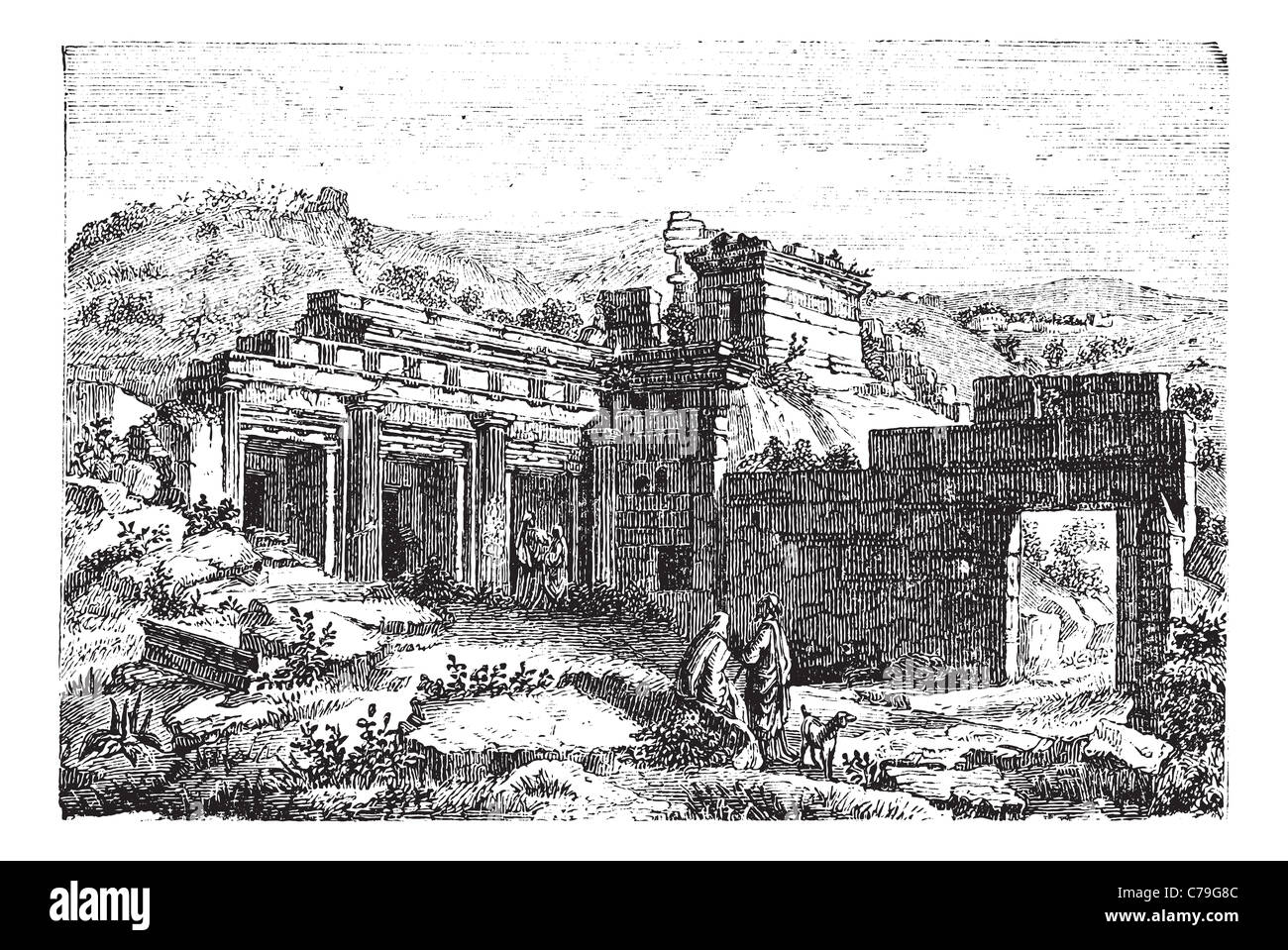 Ruines de Cyrène, en Libye, Shahhat, durant les années 1890, gravure d'époque. Vieille illustration gravée des ruines de Cyrène. Banque D'Images