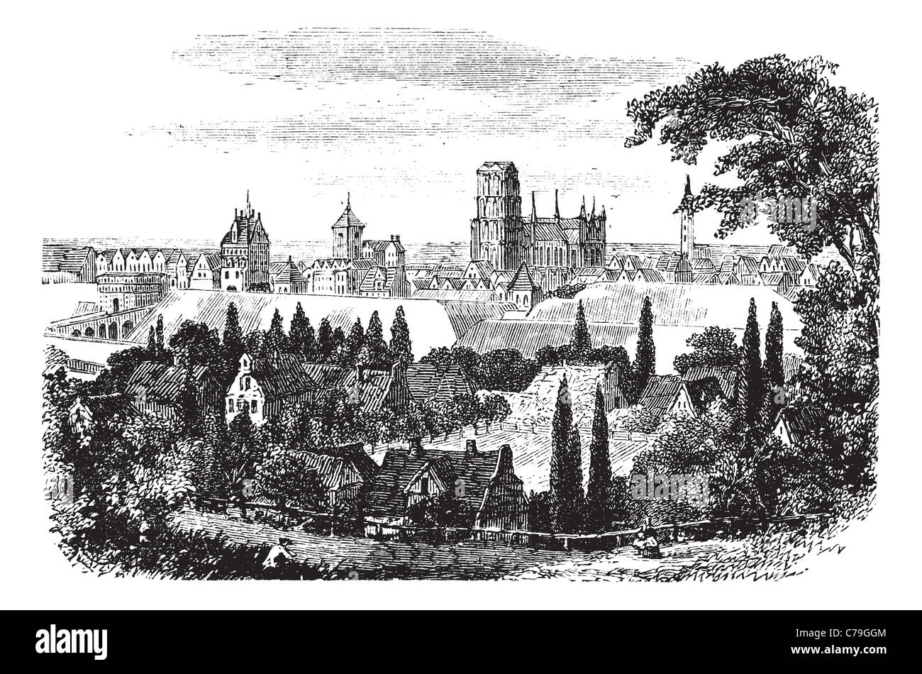 En Poméranie, Pologne Gdansk, au cours des années 1890, vintage la gravure. Vieille illustration gravée de Gdansk. Banque D'Images