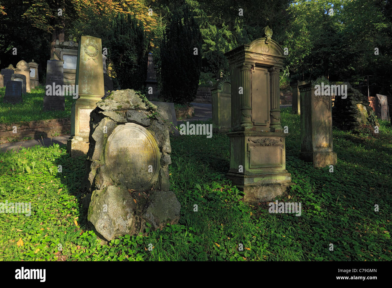 D-Heidelberg, Neckar, région Rhin-Neckar, réserve naturelle Neckartal-Odenwald, Bergstrasse, Odenwald, Bade-Wurtemberg, sur le cimetière juif à l'Ameisenbuckel Bergfriedhof hill, tombes Banque D'Images