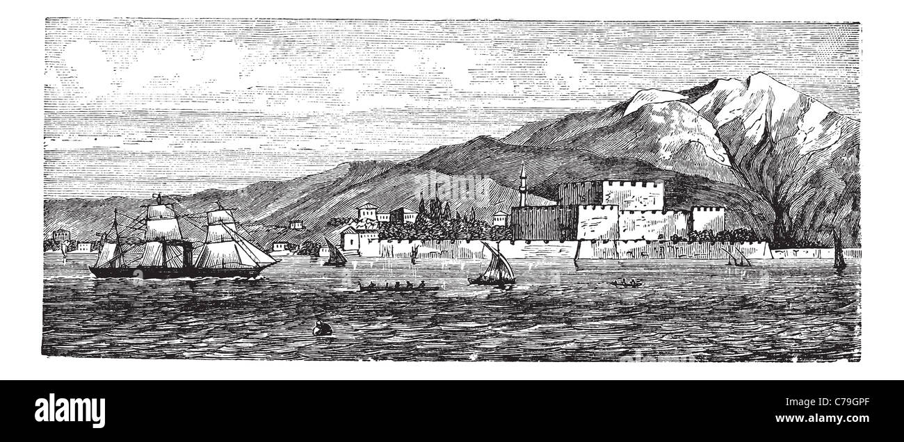 Canakkale en Turquie, au cours des années 1890, vintage la gravure. Vieille illustration gravée de Çanakkale montrant Kilitbahir Castle. Banque D'Images