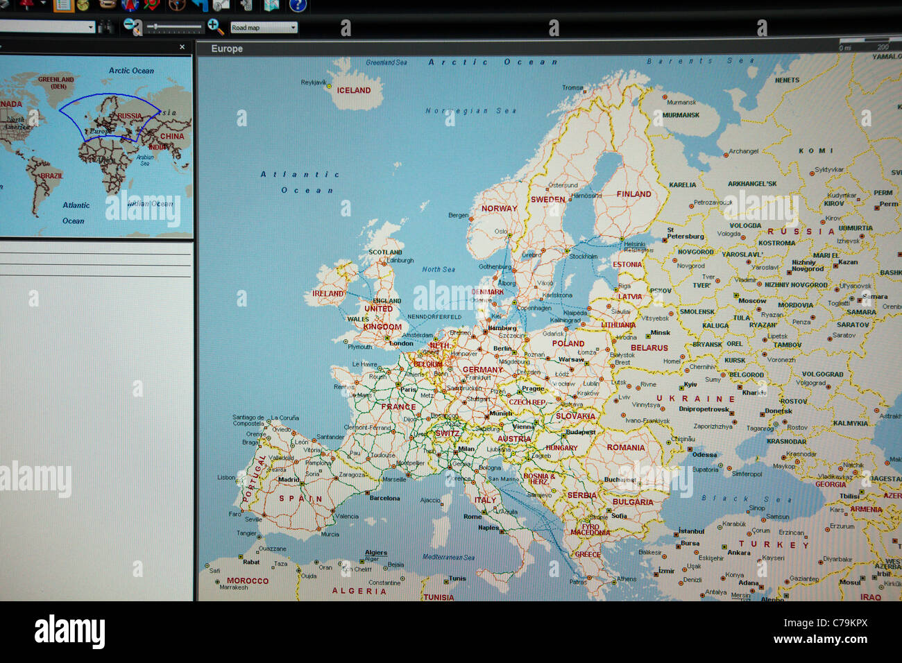 Capture d'écran de l'ordinateur de microsoft autoroute déplacement véhicule logiciel de navigation pour le Royaume-Uni et l'Europe Angleterre Ecosse Irlande Banque D'Images