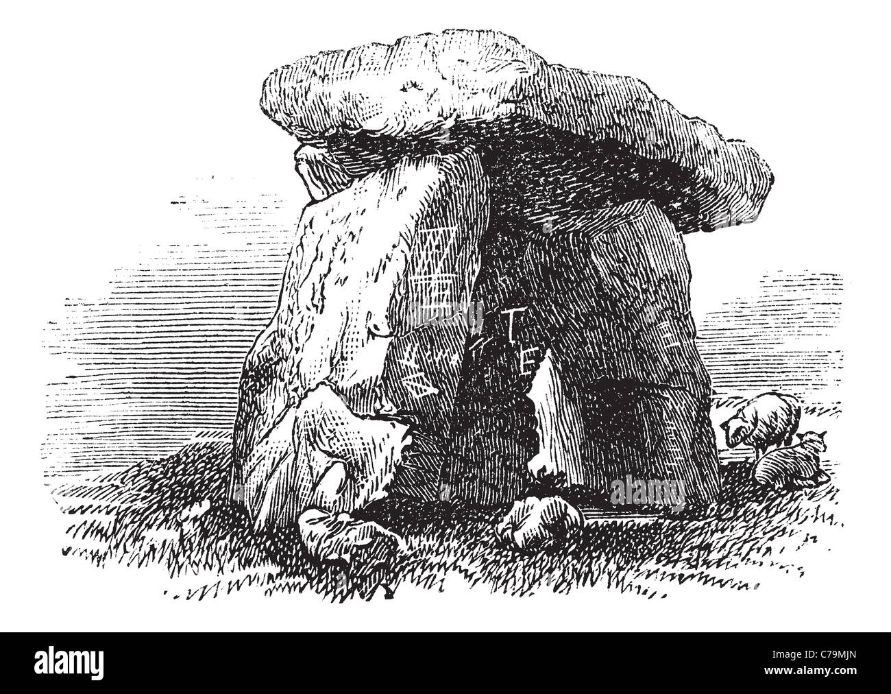 Dolmen ou portal portail tombe ou tombe, au cours des années 1890, vintage la gravure. Vieille illustration gravée d'un dolmen. Banque D'Images