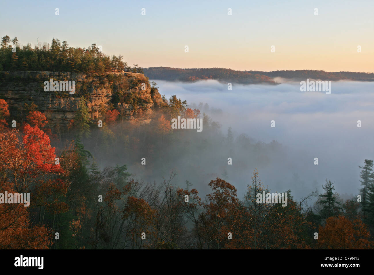 Une vallée remplie de brouillard à l'automne avec une falaise de grès enveloppée de brouillard Banque D'Images