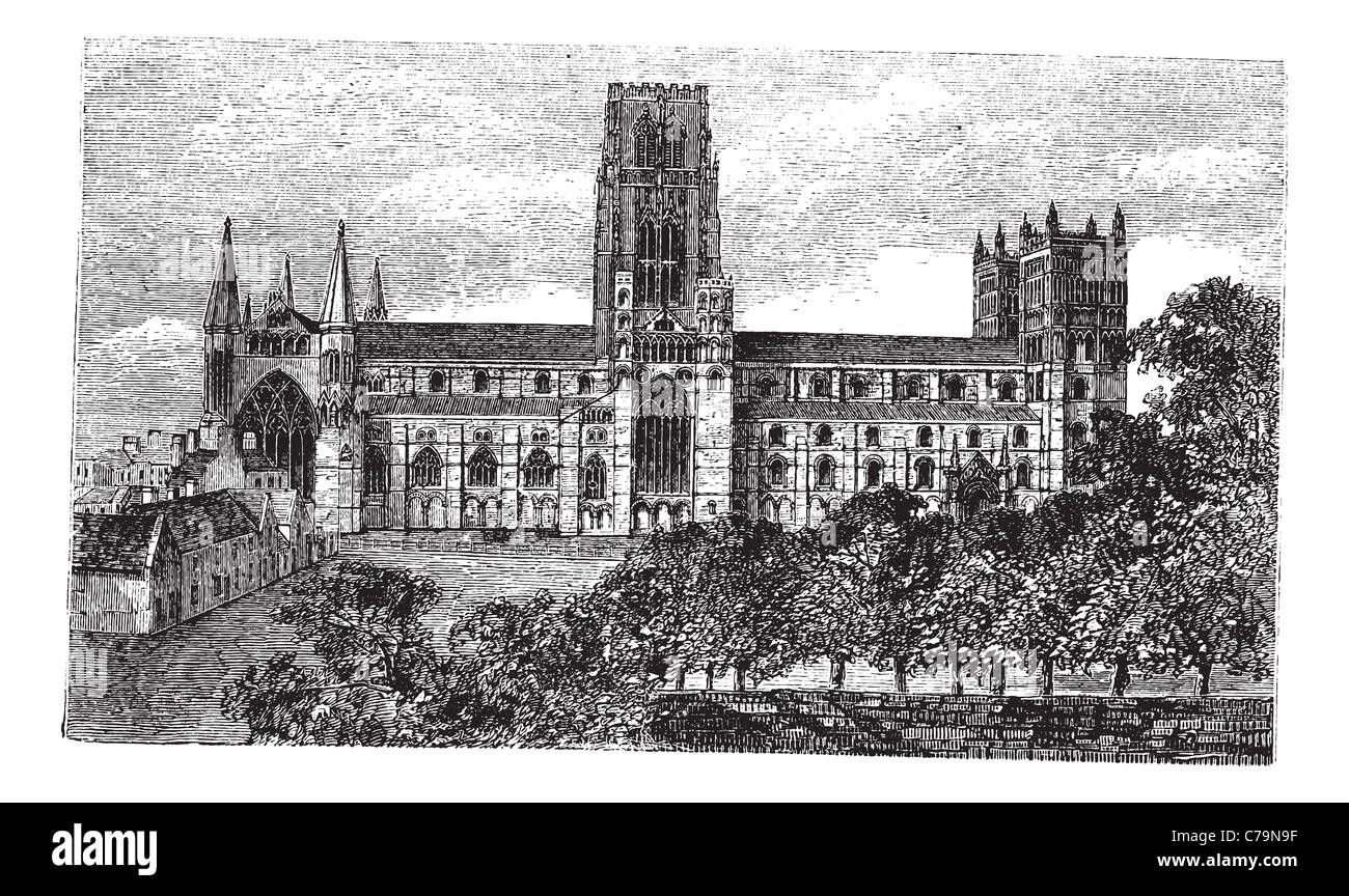 Cathédrale de Durham en Angleterre, Royaume-Uni, durant les années 1890, gravure d'époque. Vieille illustration gravée de la cathédrale de Durham. Banque D'Images