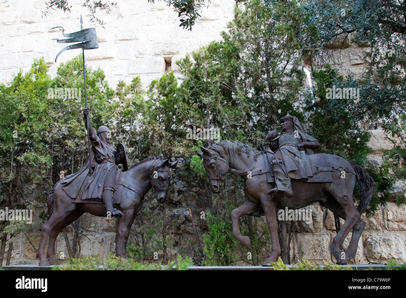 Saladin et Richard Coeur de Lion statue équestre, le vieux Jérusalem Banque D'Images