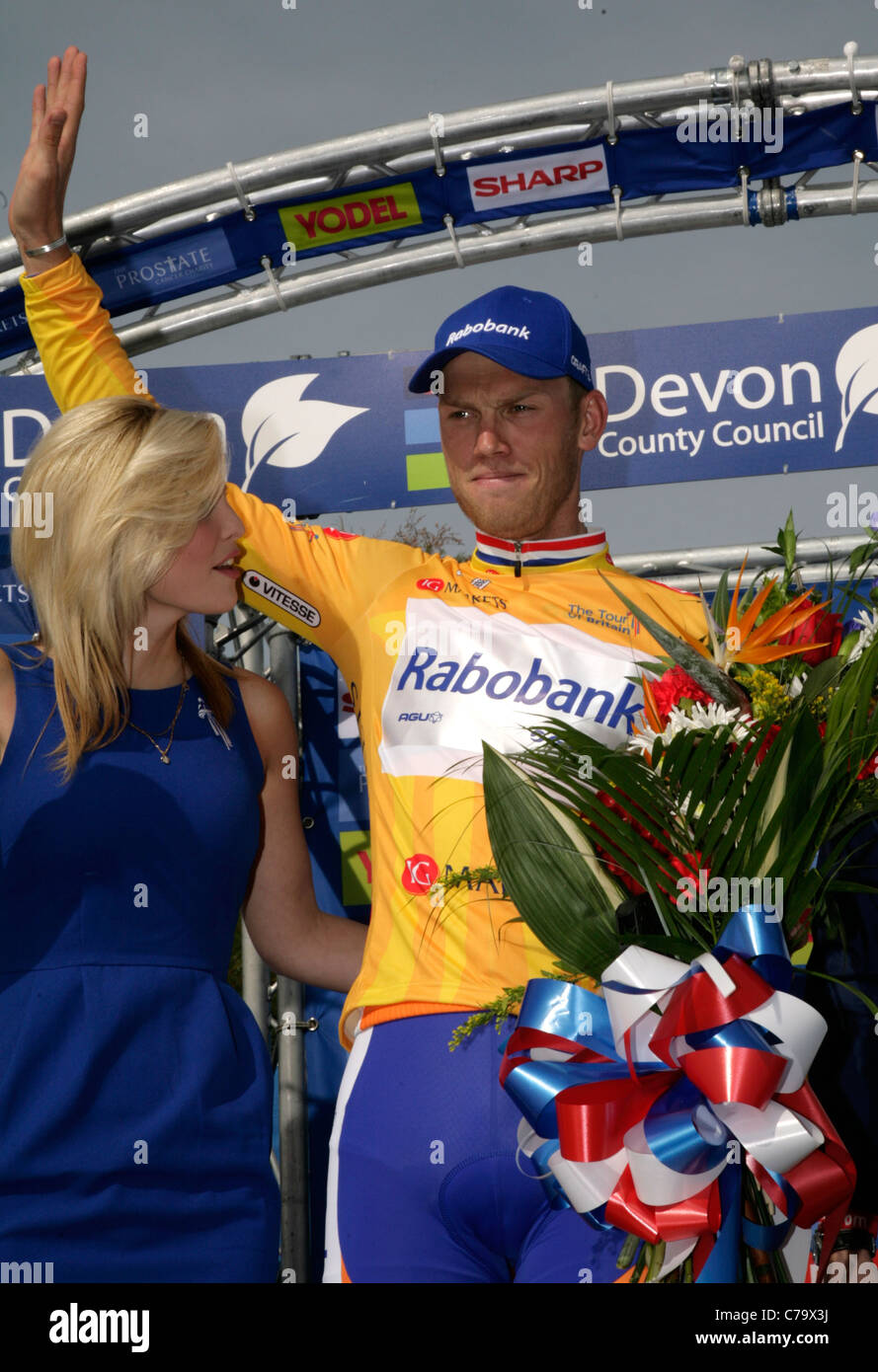 Lars Boom Chef de Tour de Grande-Bretagne 2011 le podium après l'étape finale à Exmouth, 15 sept 2011 Banque D'Images