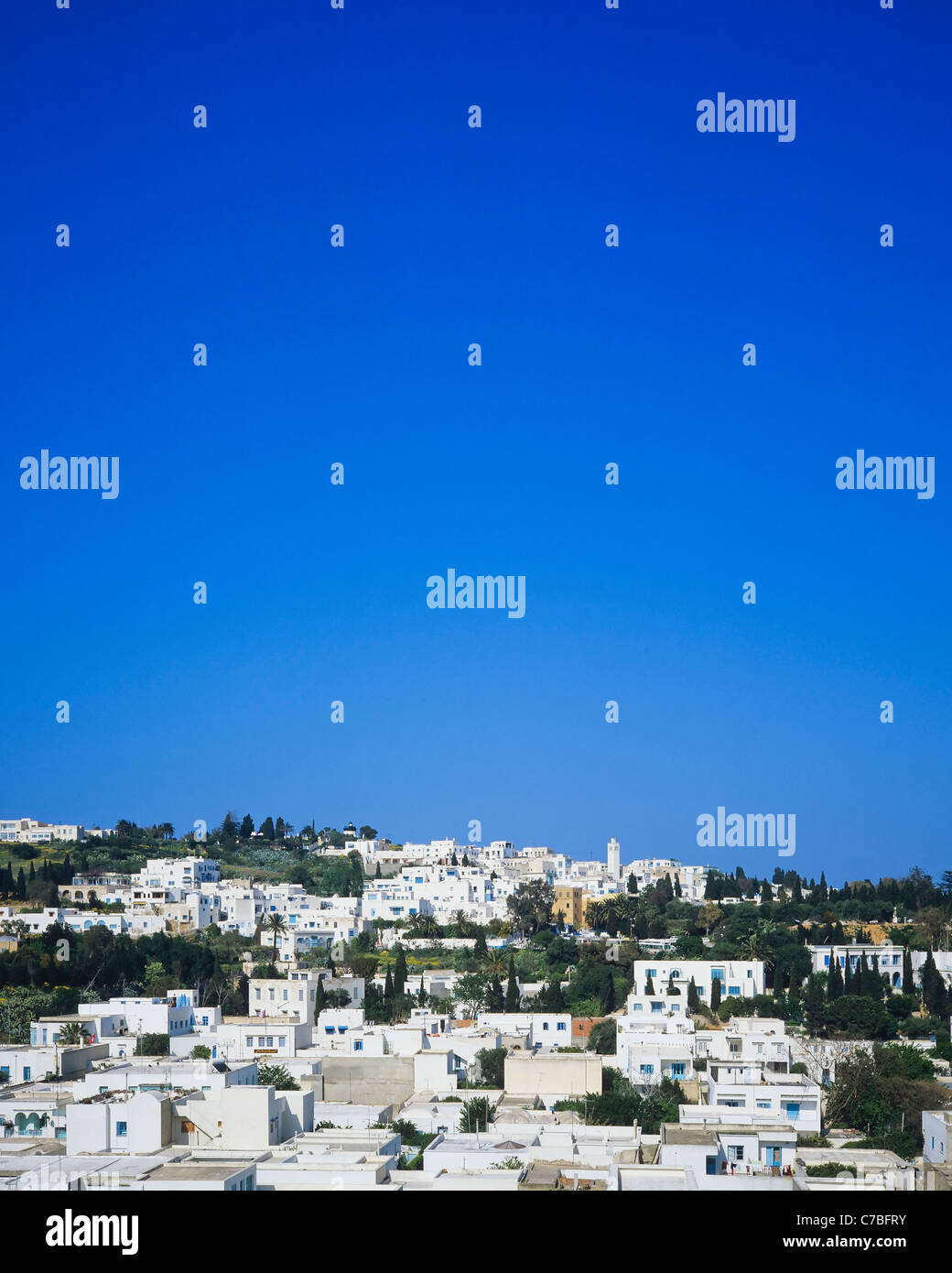 Sidi Bou Saïd, Tunisie, Afrique du Nord, vue sur le village de maisons blanches, Banque D'Images