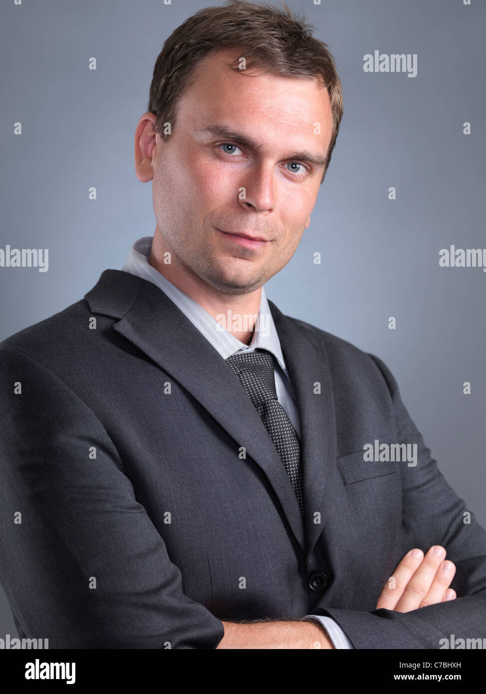 Portrait d'un homme portant un costume gris Banque D'Images