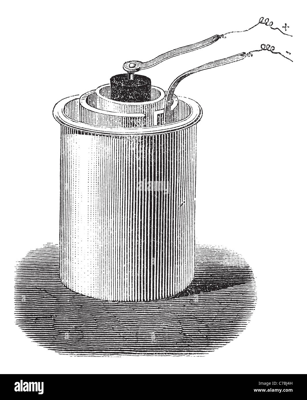 Également connu sous le nom de cellule de Bunsen, batterie vintage engraved illustration de Bunsen isolés de cellules sur un fond blanc. Banque D'Images