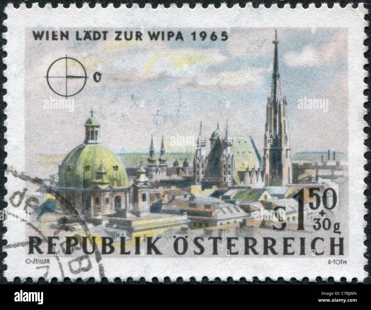 Un timbre imprimé en Autriche, Vienne est dédiée à l'Int. Exposition philatélique, spectacles église Saint Pierre et de la cathédrale Saint-Étienne de Vienne, Banque D'Images