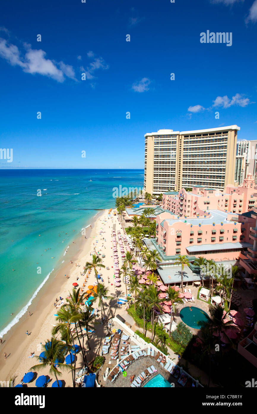 Hôtel Royal Hawaiian, la plage de Waikiki, Honolulu, Oahu, Hawaii Banque D'Images