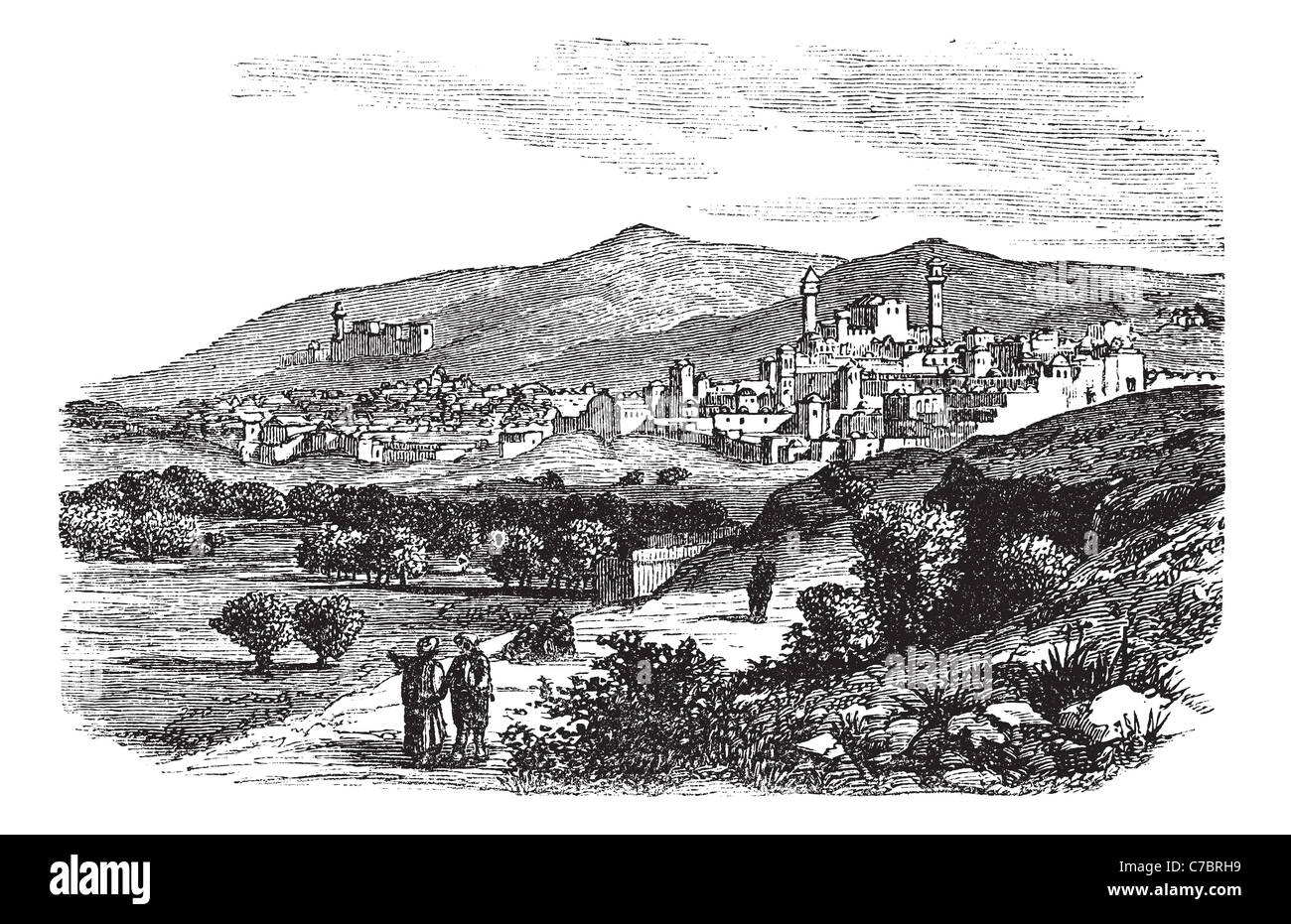 Belle vue sur les bâtiments et montagne à Hébron vintage la gravure. Vieille illustration gravée de bâtiments et versant de montagne Banque D'Images