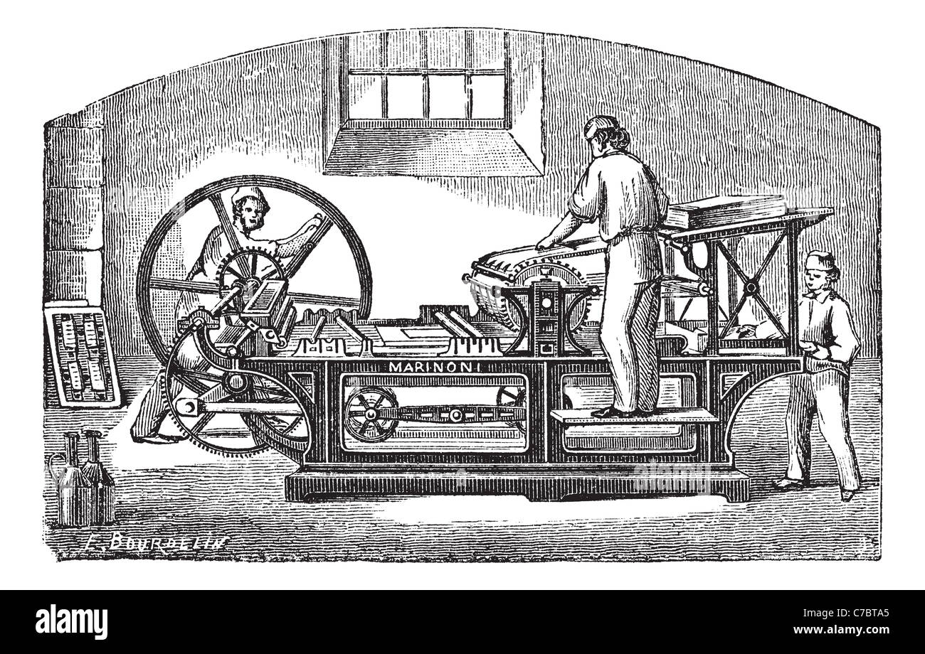 Marinoni imprimerie, gravure d'époque. Vieille illustration gravée de Marinoni imprimerie avec trois travailleurs exploitant il Banque D'Images