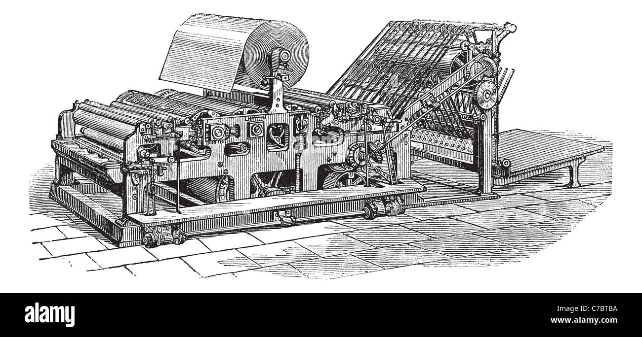 La mise au point de presse, web Hoe vintage la gravure. Vieille illustration gravée de Hoe perfectionnement web press. Banque D'Images