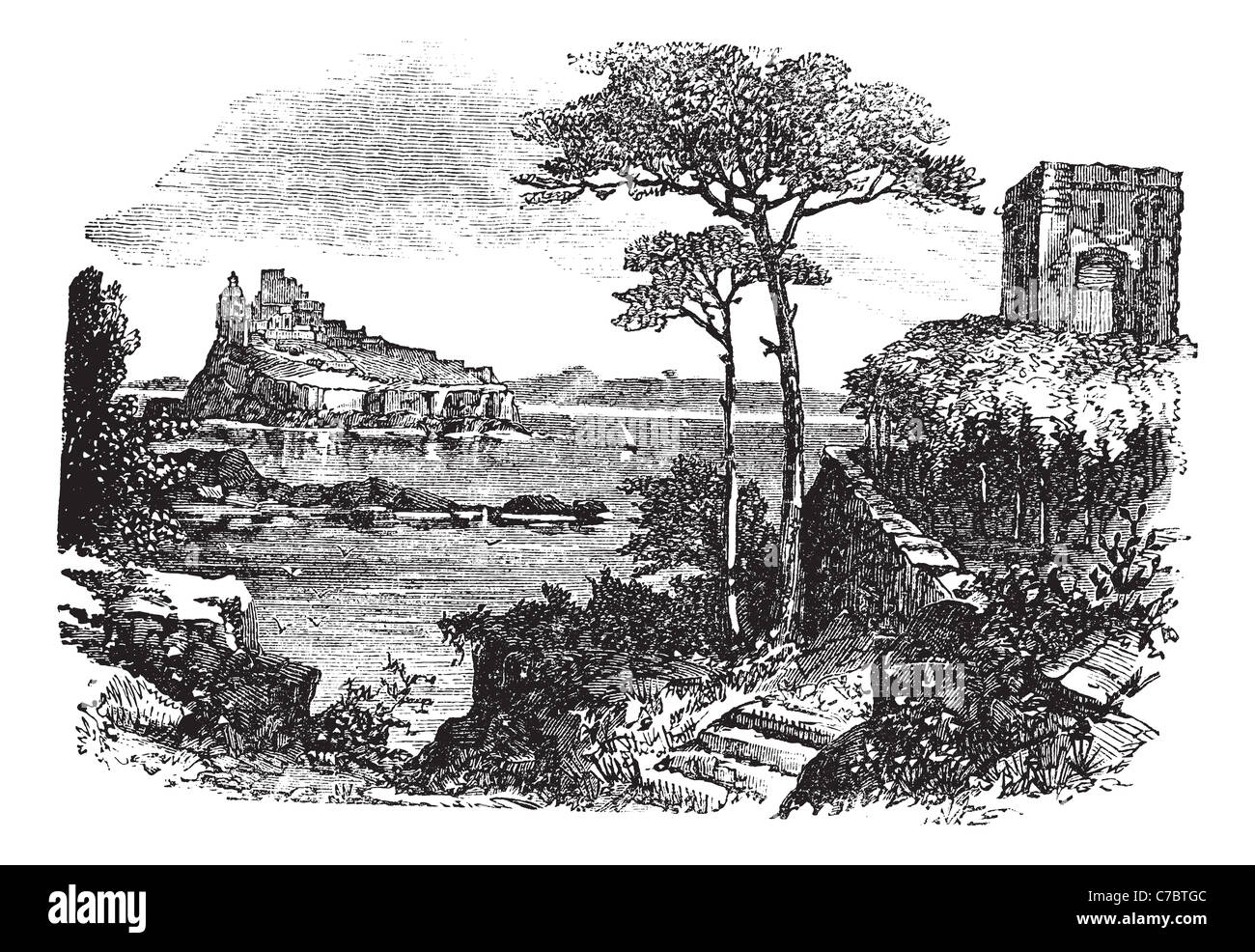 Ischia en Italie, pendant les années 1890, gravure d'époque. Vieille illustration gravée d'Ischia avec château et la mer. Banque D'Images