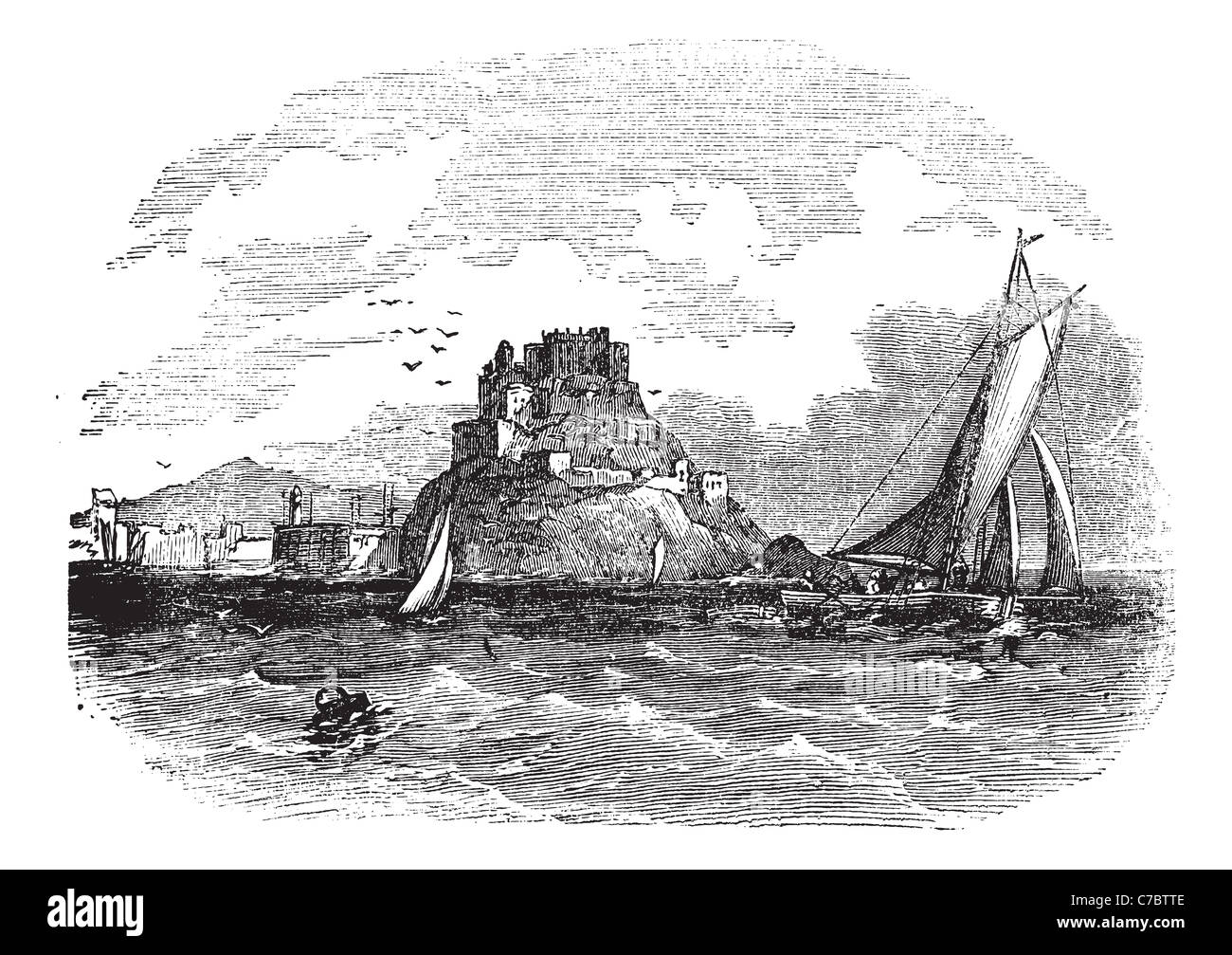 Château Mont Orgueil à Jersey, au cours des années 1890, vintage la gravure. Vieille illustration gravée du château Mont Orgueil. Banque D'Images