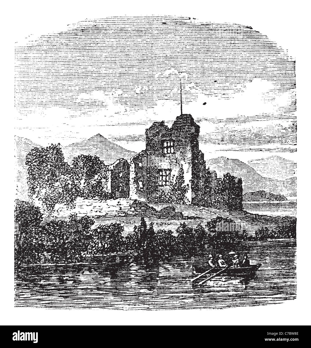 Ruines du Château de Ross, Killarney vintage la gravure. Vieille illustration gravée de la ville médiévale de Ross Castle Killarney, Irlande, 1800. Banque D'Images