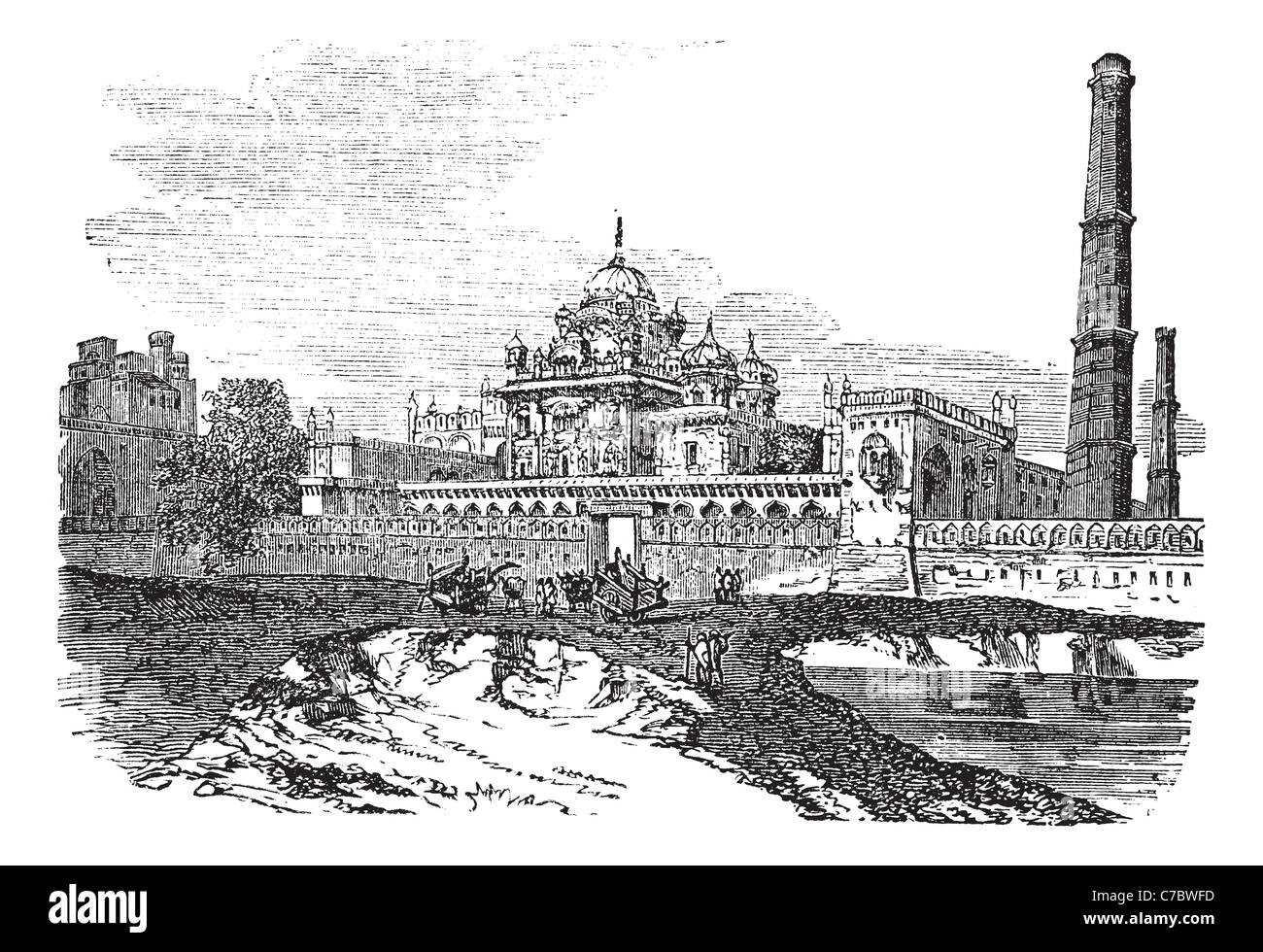 Tombe de Ranjeet Singh vintage la gravure. Vieille illustration gravée de Ranjeet singh's tomb à Lahore, Pakistan, 1800. Banque D'Images