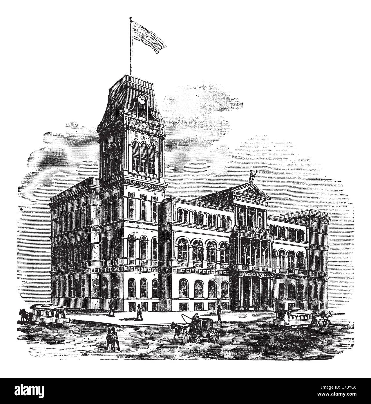 L'Hôtel de ville de Louisville de Louisville, Kentucky, United States, durant les années 1890, gravure d'époque. Banque D'Images