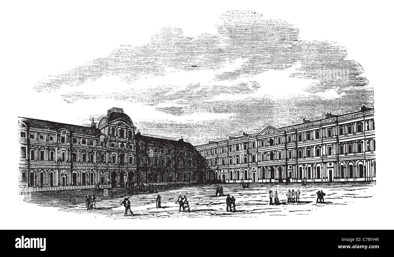 La cour de palais du Louvre à Paris, en France, au cours des années 1890, vintage la gravure. Banque D'Images
