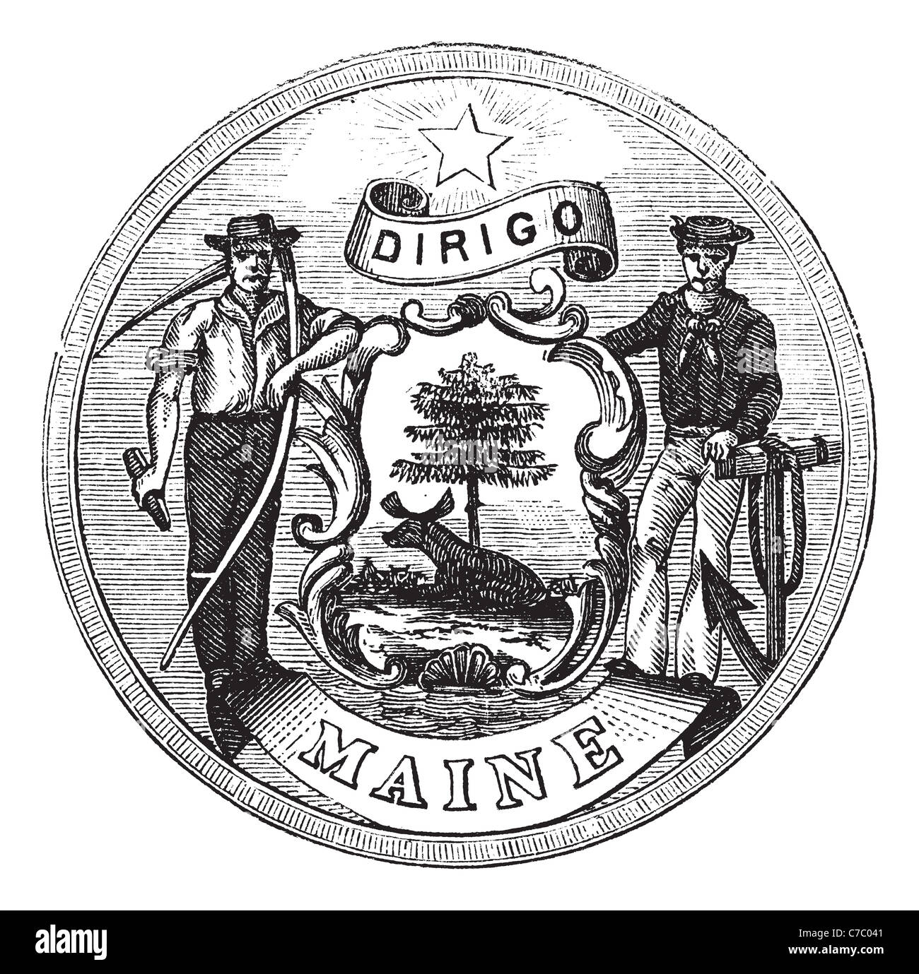 Grand sceau de l'État du Maine, États-Unis, gravure d'époque. Banque D'Images