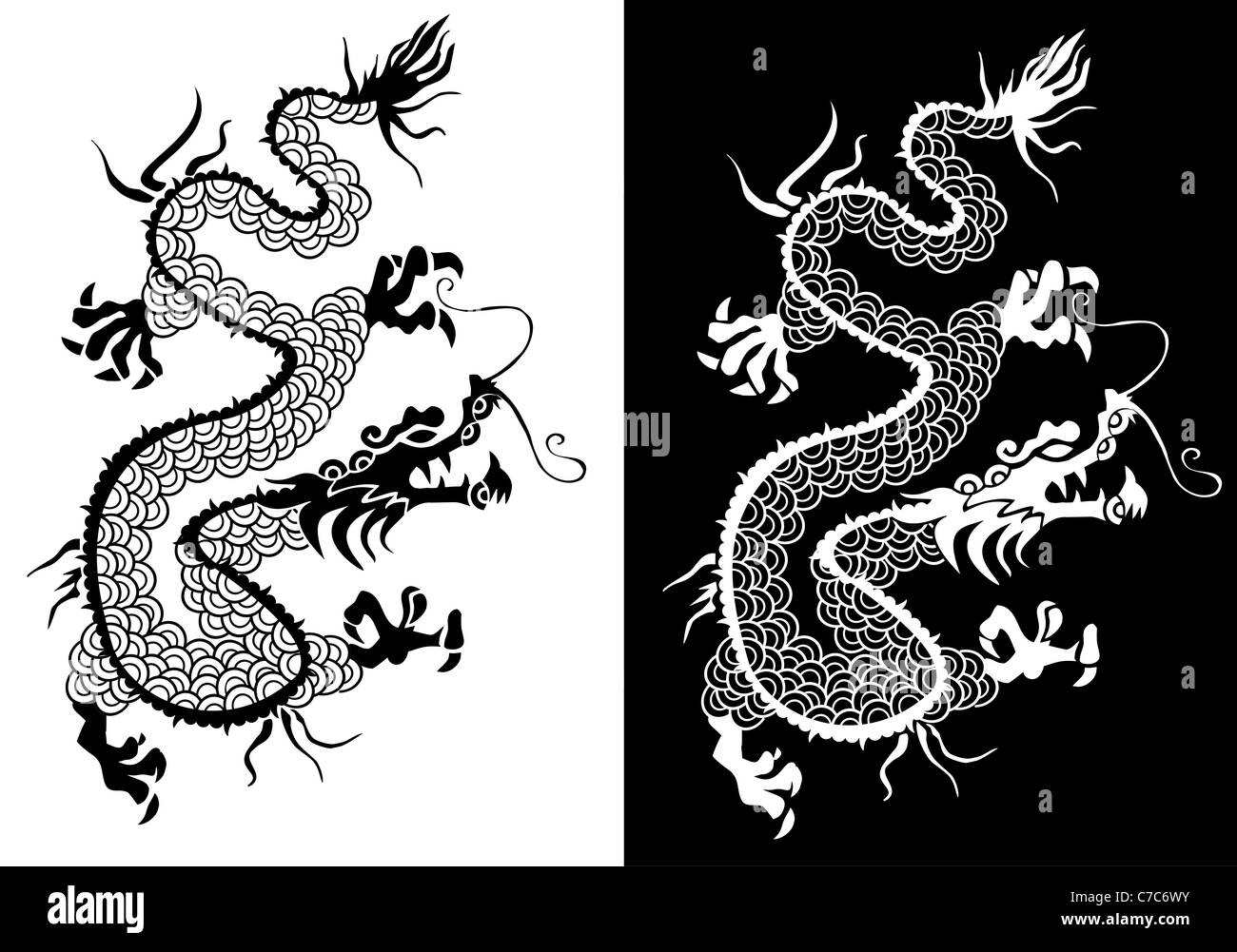 Positifs Négatifs dragon chinois symbole silhouette illustration. Banque D'Images