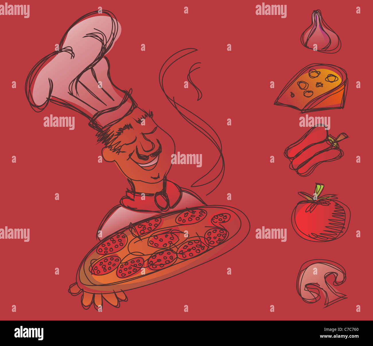 Chef avec une pizza dans les mains et les ingrédients de la pizza italienne sur fond rouge. Vector disponible Banque D'Images