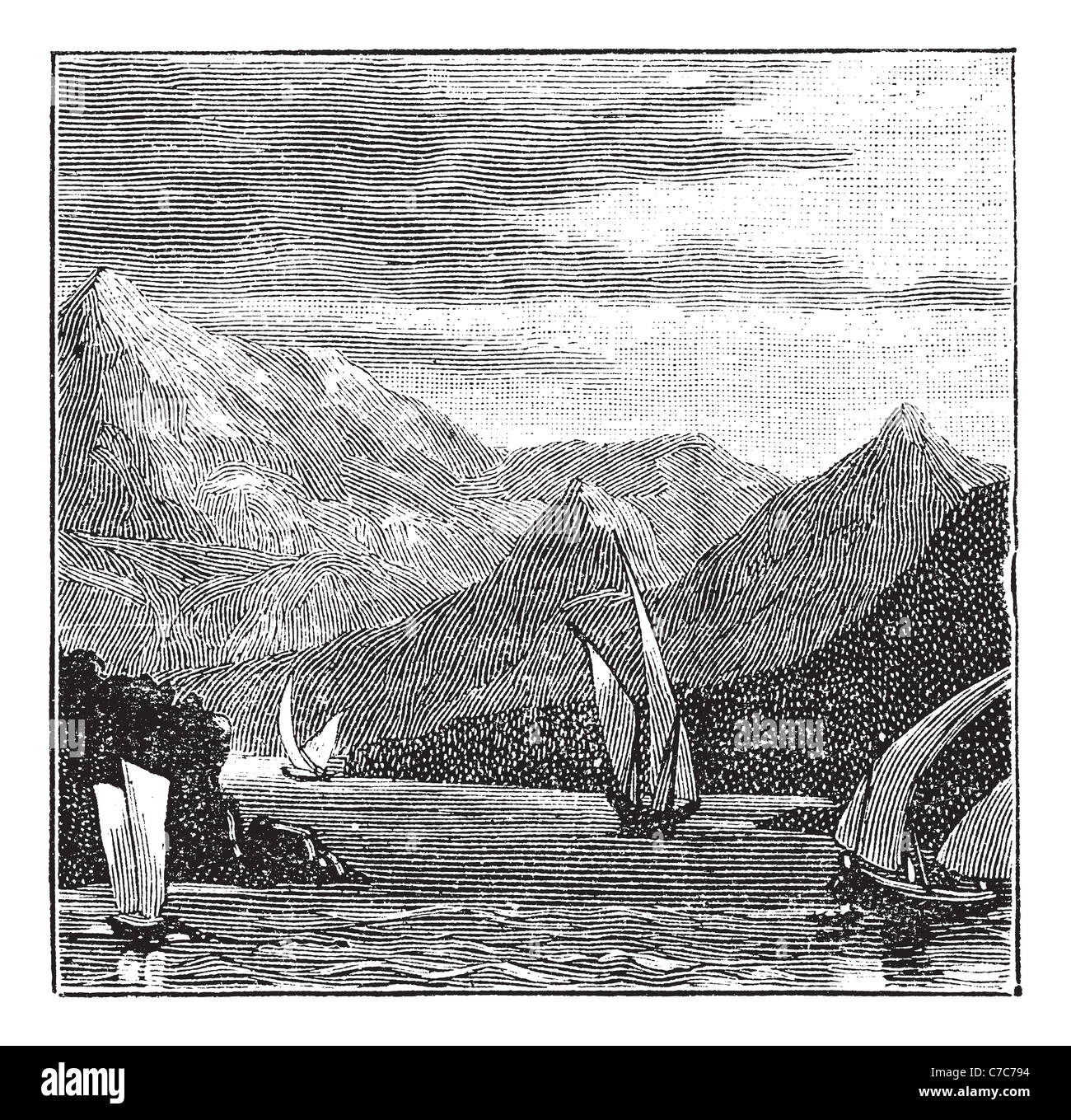 Salamine dans Golfe de Saros, la Grèce, au cours des années 1890, vintage la gravure. Vieille illustration gravée de l'île de Salamine. Banque D'Images