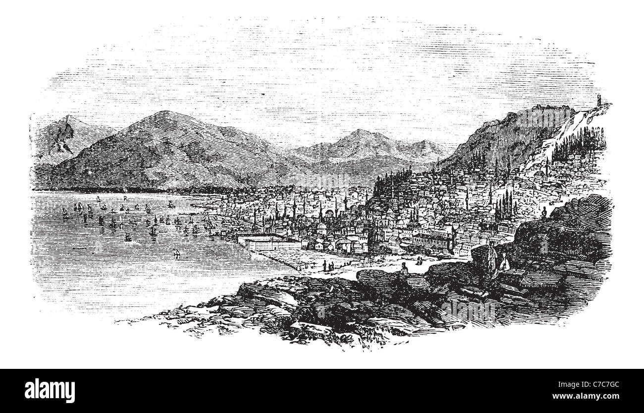 Smyrne, en Turquie, au cours des années 1890, vintage la gravure. Vieille illustration gravée de Smyrne avec vue sur la mer. Banque D'Images