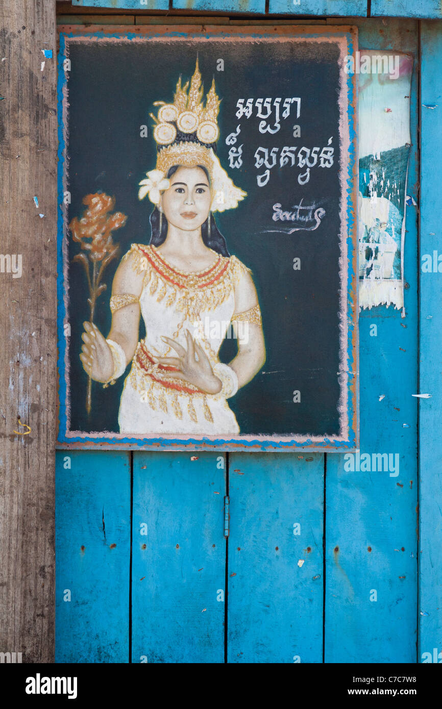 La peinture de l'APSARA et le mur bleu - Kep Province, Cambodge Banque D'Images