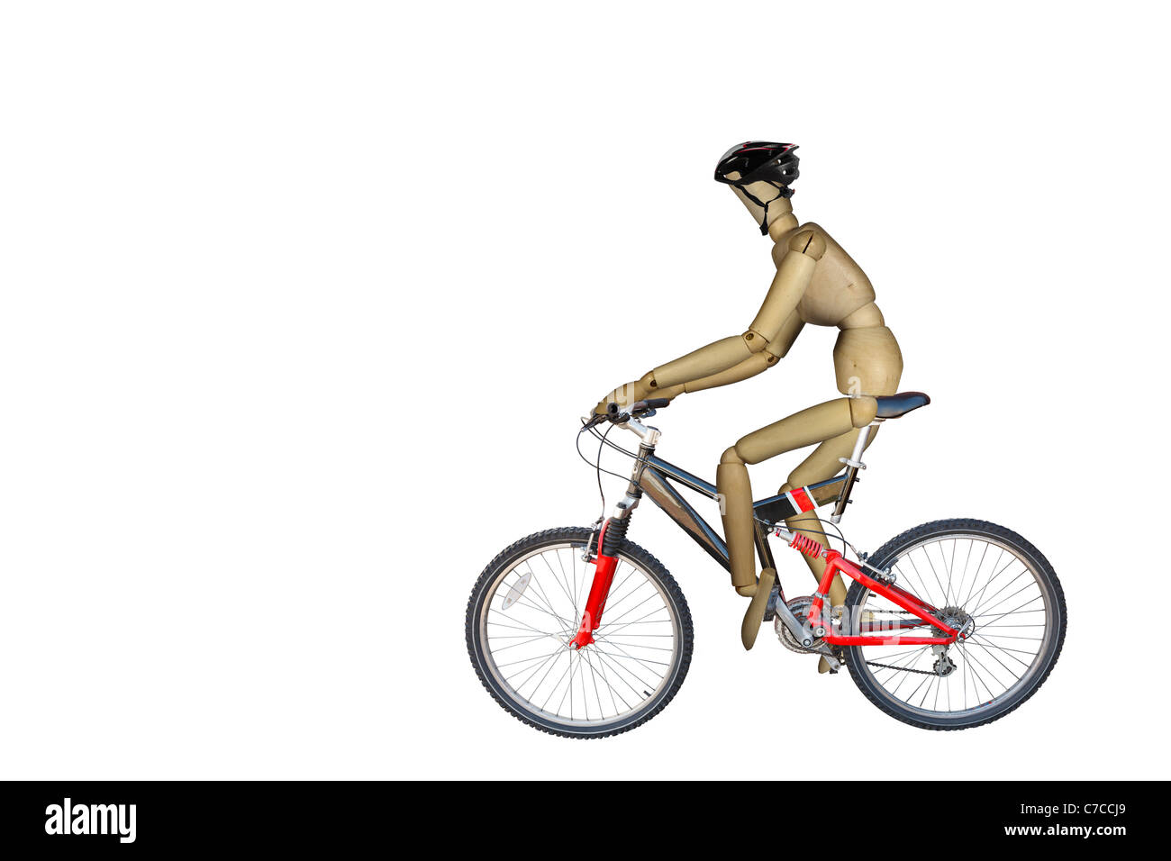 La Montagne Rouge et Noir/Off Road Location étant monté par une poupée en bois isolé sur blanc avec chemin de travail Banque D'Images