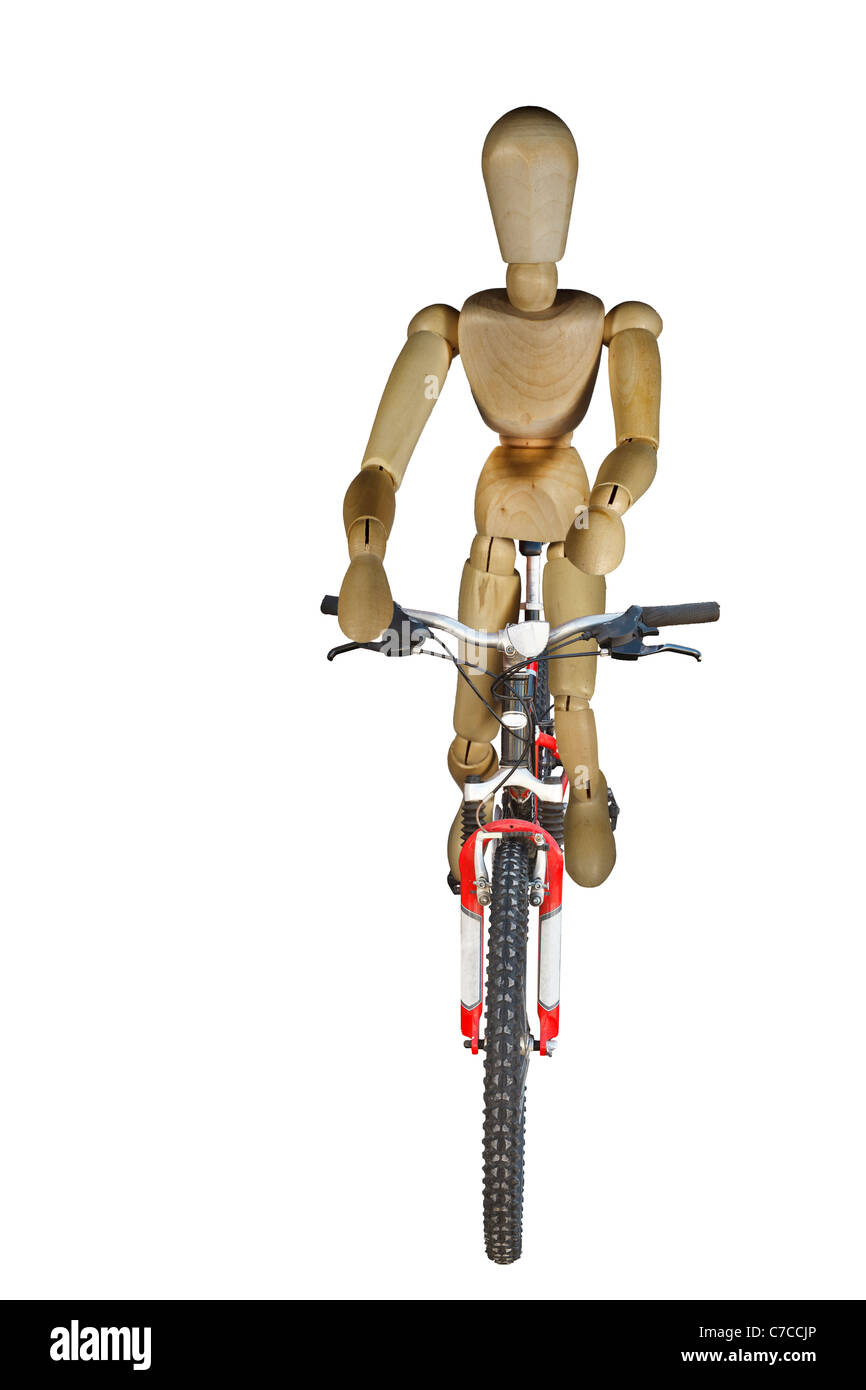 La Montagne Rouge et Noir/Off Road Location étant monté par une poupée en bois isolé sur blanc avec chemin de travail Banque D'Images