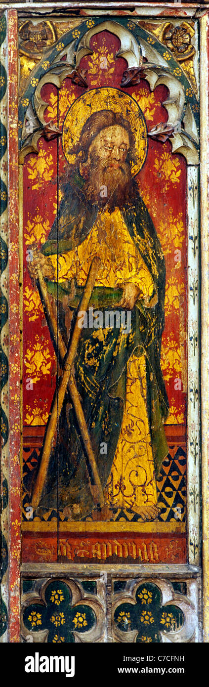 Old Hunstanton, Norfolk. Jubé Apôtres, saint André sautoir avec écrans médiévale anglaise peint peintures Peinture Banque D'Images