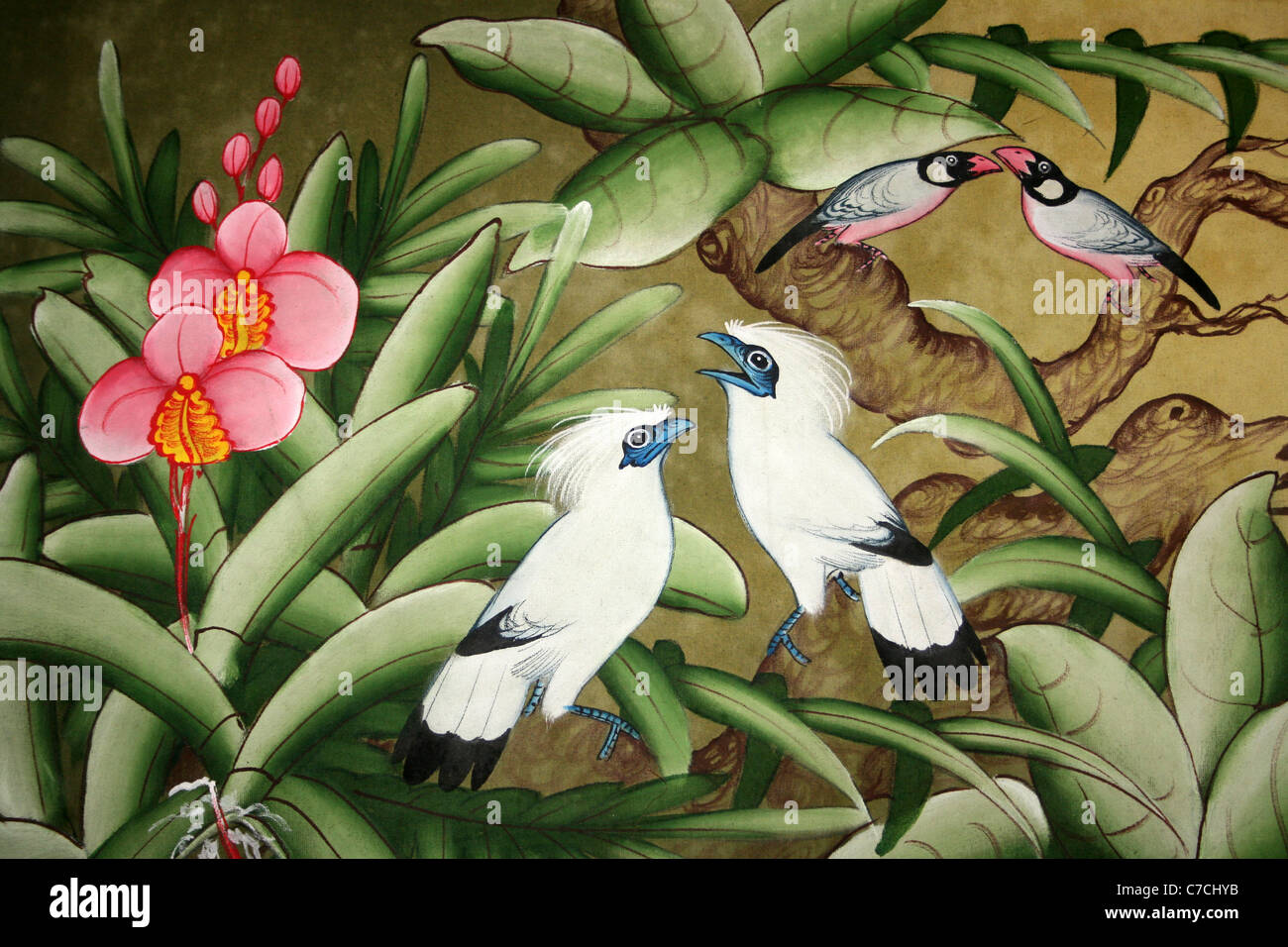 Peinture indonésienne de Bali étourneaux et Java Sparrow Banque D'Images