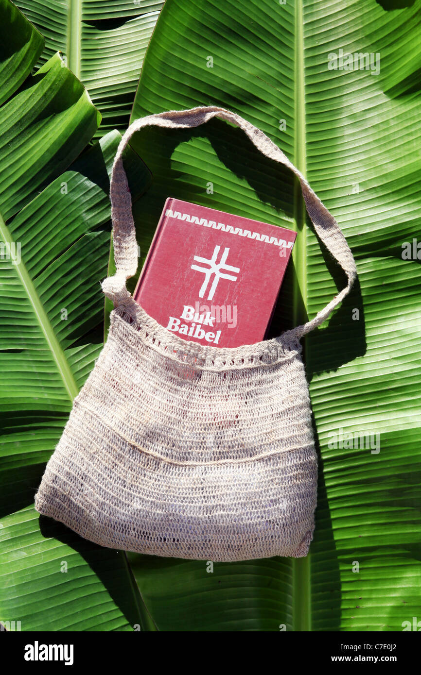 Sainte Bible écrite en langue dans un pigin tissés traditionnels Bilum, Papouasie Nouvelle Guinée Banque D'Images