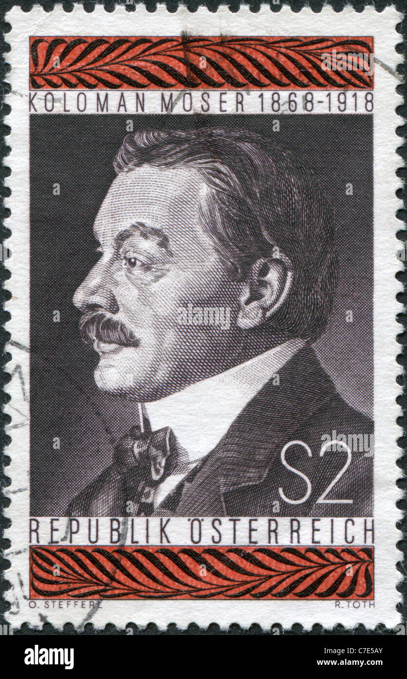 Autriche - 1968 : timbre imprimé en Autriche, est montré Koloman Moser, peintre, designer de timbres Banque D'Images