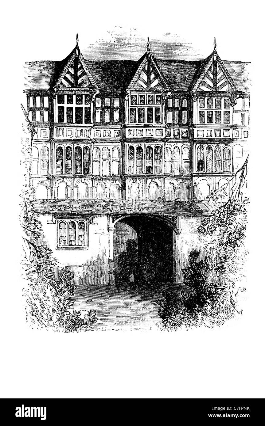 Architecture intérieure règne Henry VIII Tudor grand hall deuxième histoire médiévale détails cadre en bois et enduits brick Banque D'Images