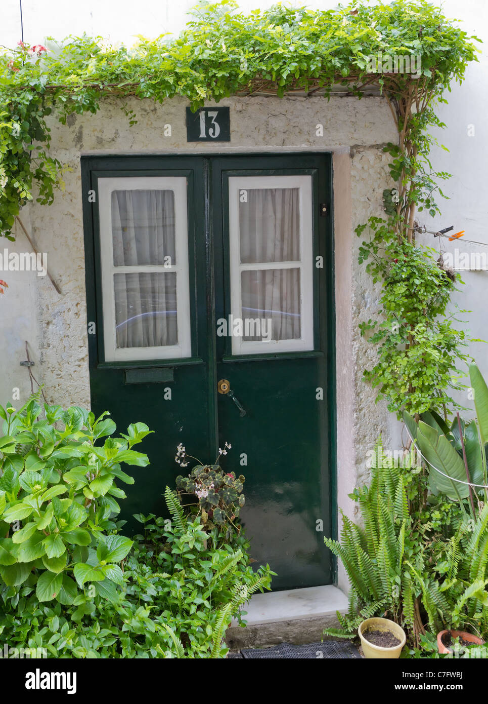 Romantique, porte d'entrée décorée style méditerranéen avec l'ossature des vignes l'entrée, Lisbonne, Portugal Banque D'Images