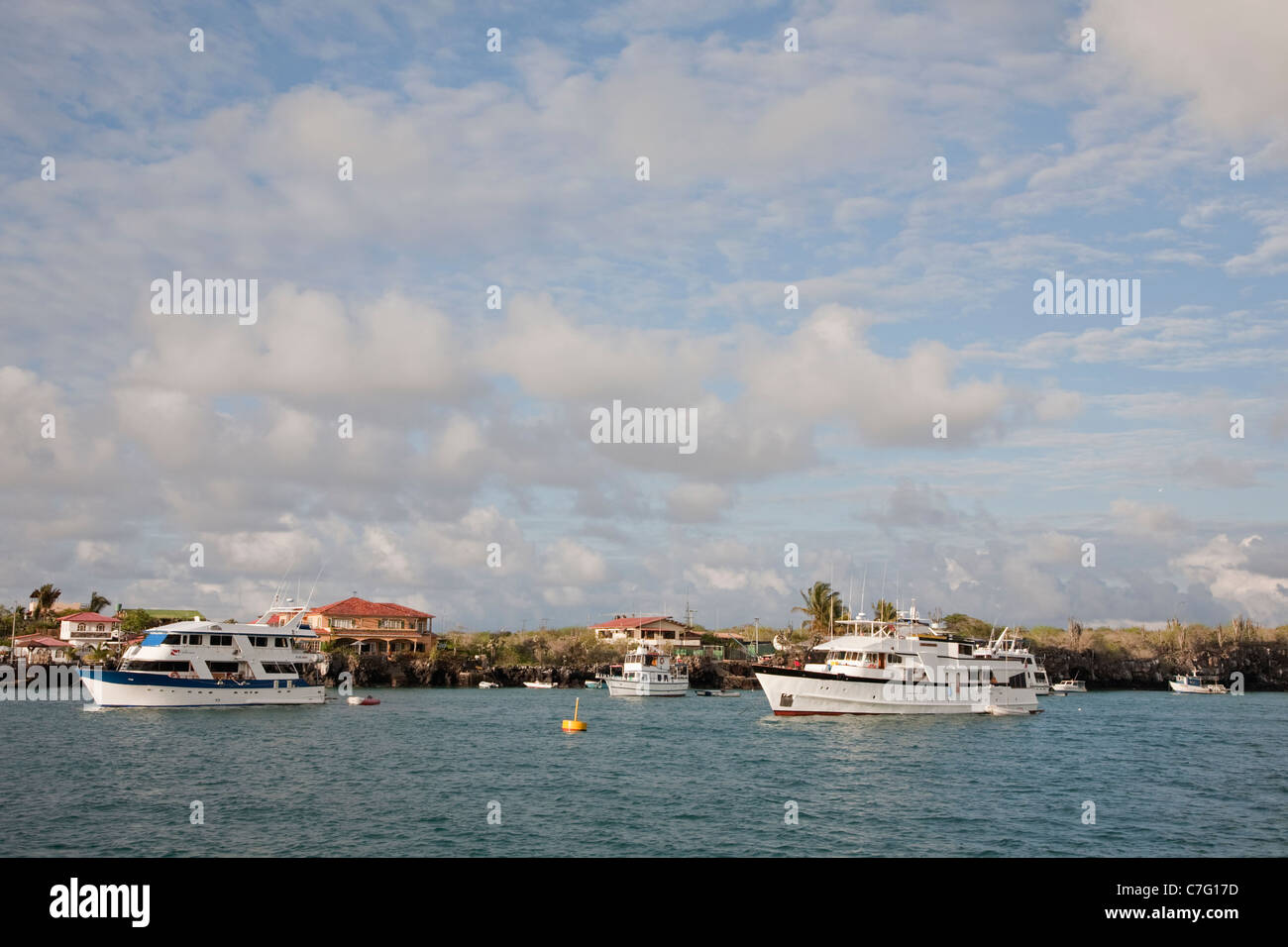 Bateaux de croisière ancrés à Puerto Ayora sur l'île de Santa Cruz dans les îles Galapagos Banque D'Images