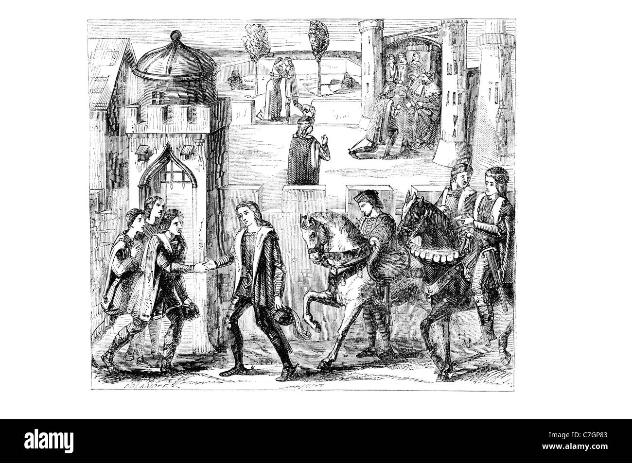 Retour chevalier embrassaient dame classe guerrière du Moyen Âge Europe chevalerie cavalier rider chevalier Ritter honneur prestige canada Banque D'Images