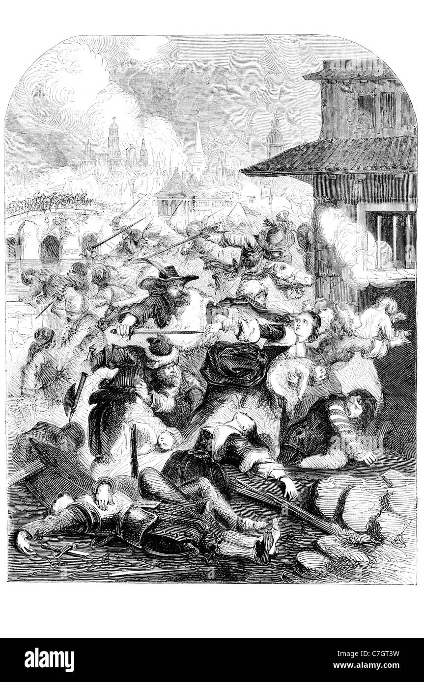 1631 Guerre de Trente Ans, les troupes impériales Johann Tserclaes Tilly ville d'assaut commis le massacre tuant 20 000 inhabitan Banque D'Images