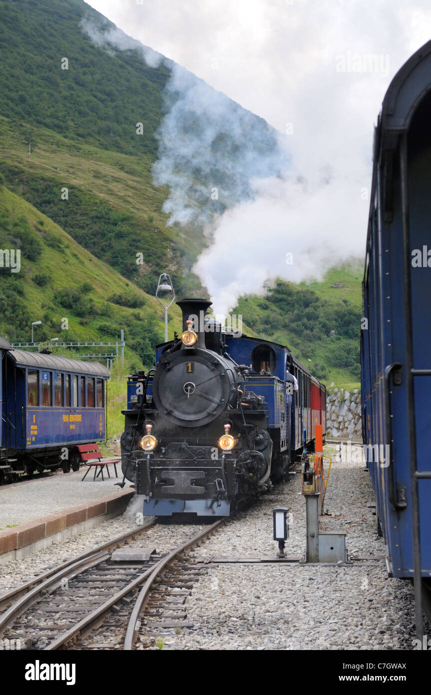 Chemin de fer de la Furka machine à vapeur HG 3/4 n°1 de la gare de Realp. La Suisse, Grimsel-/Furka, région d'Uri. Banque D'Images