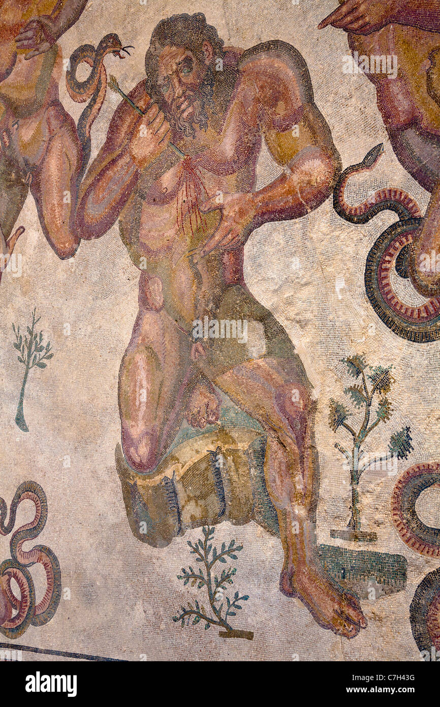 Mosaïque dans l'Triclinium, salle à manger, la Villa Romana del Casale, Piazza Armerina, Sicile, Italie Banque D'Images