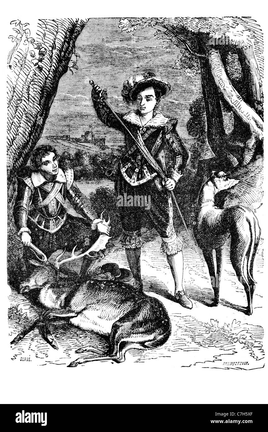 Le prince Henry de Galles Frederick Stuart fils le roi James I chasse chasse chasse dague épée chien tué tuer deer stag Banque D'Images