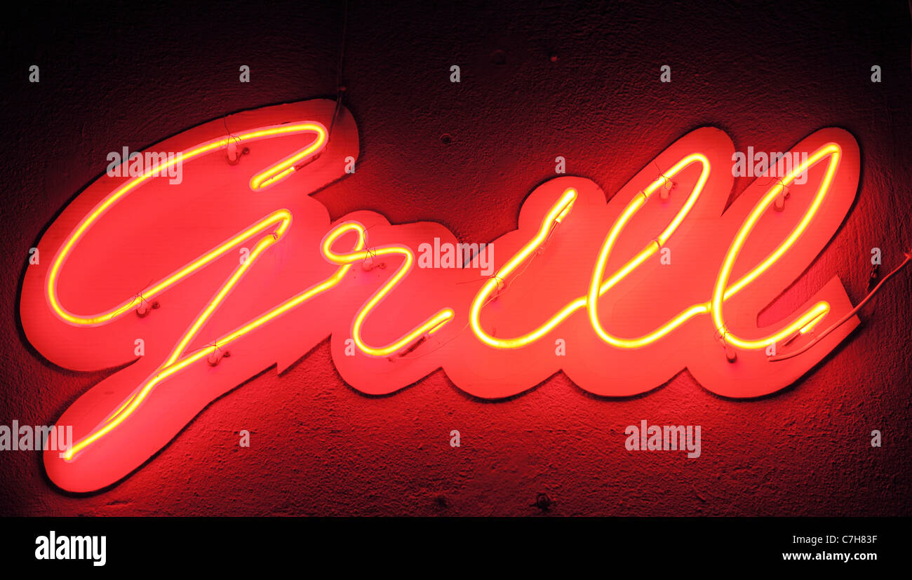 Grill Neon Sign. Banque D'Images