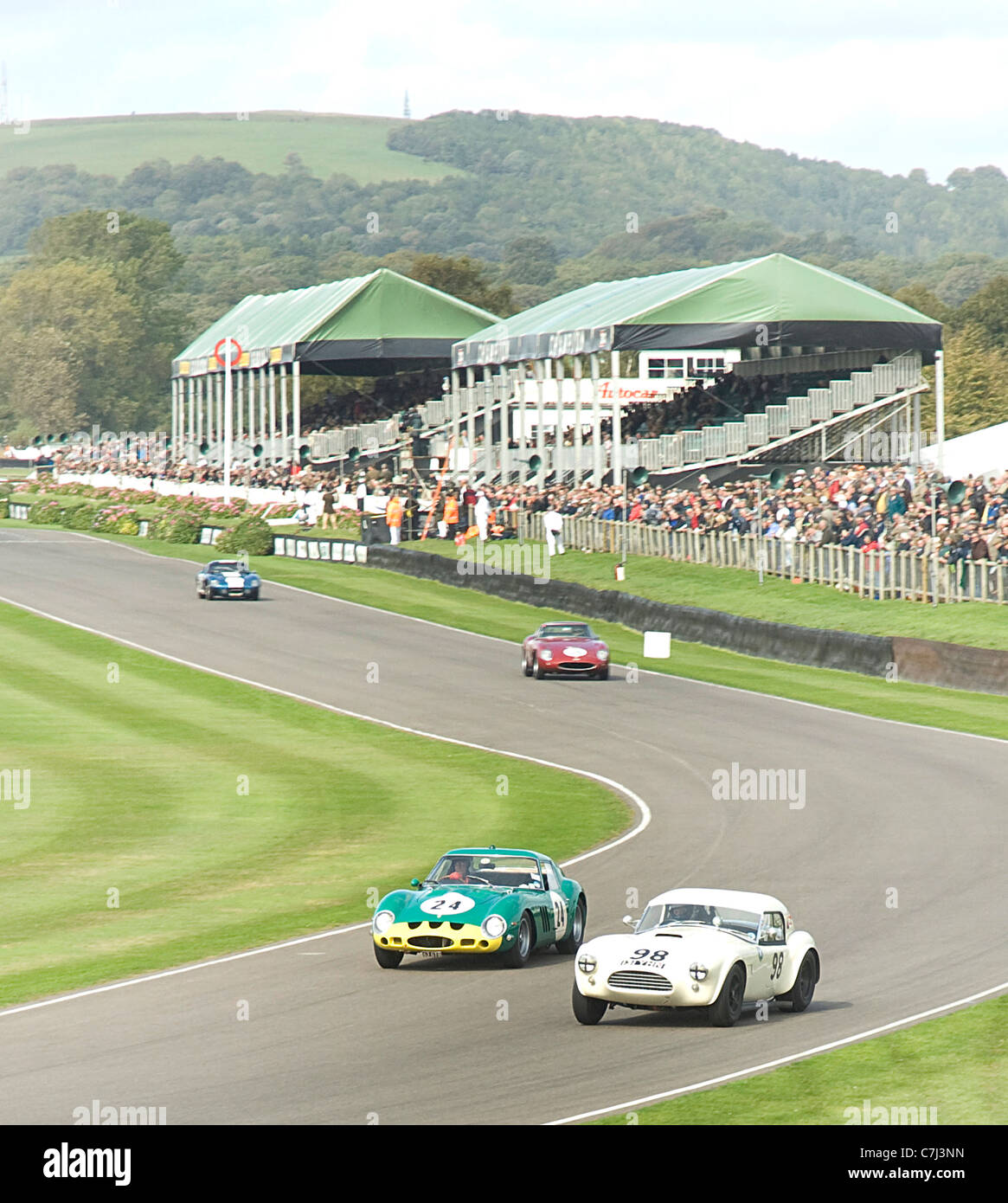 2011 Goodwood Revival Meeting. AC Cobra et Ferrari 250 GTO à Madgwick corner pendant les qualifications pour l'événement Tourist Trophy Banque D'Images