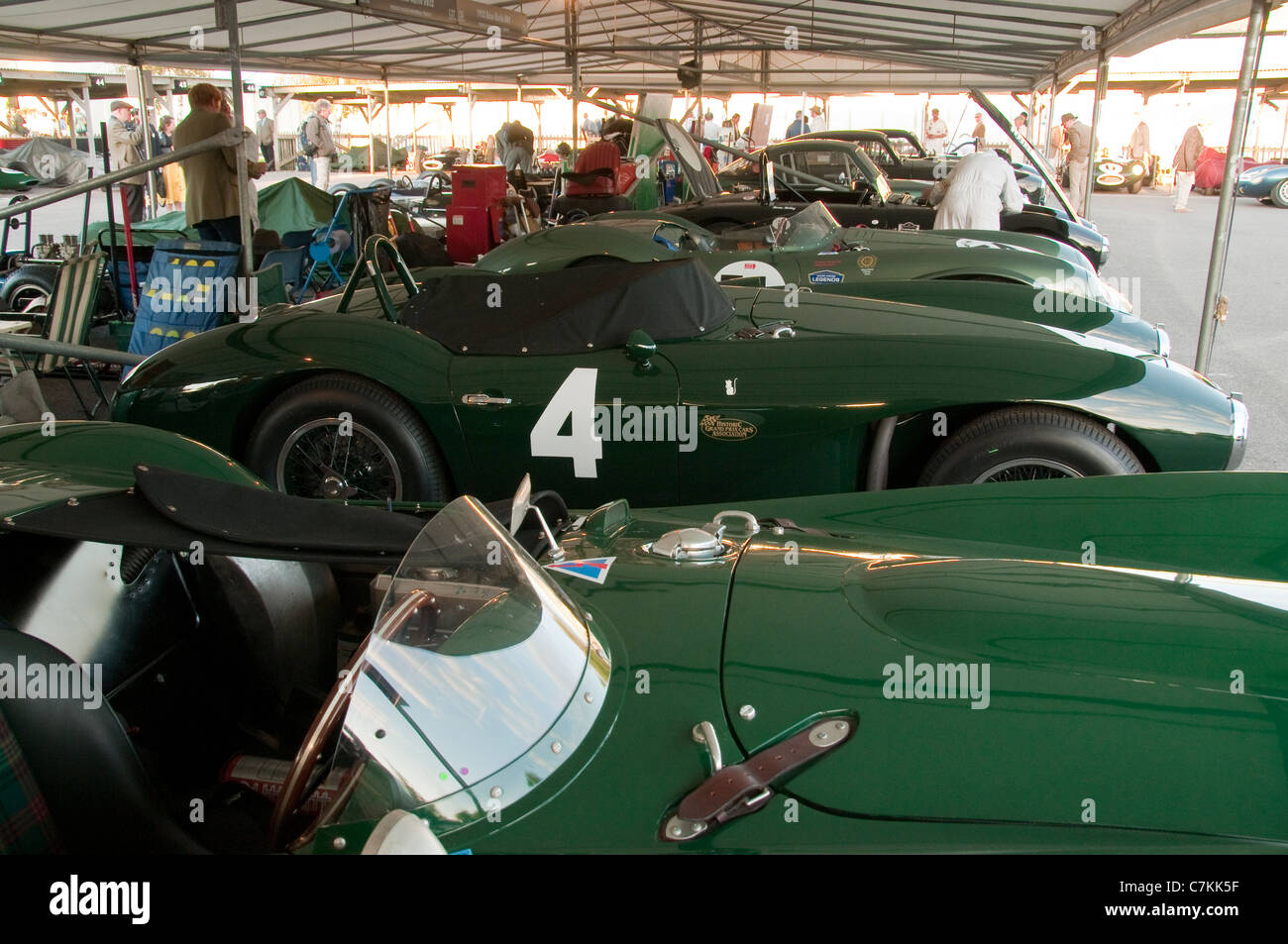 Ligne de Aston Martin classique dans le Paddock à Goodwood Banque D'Images